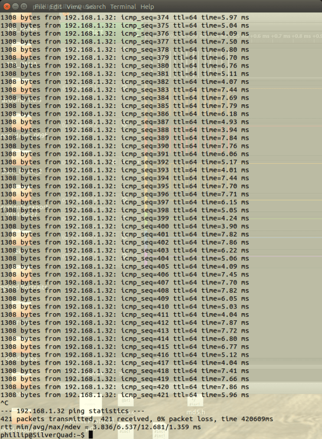 1300 Byte ping packet transmitted from a host to the W5500 interface running uIP in MACRAW mode.