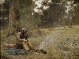 Down on His Luck, painted by Frederick McCubbin in 1889, depicts a melancholic swagman "on the Wallaby".